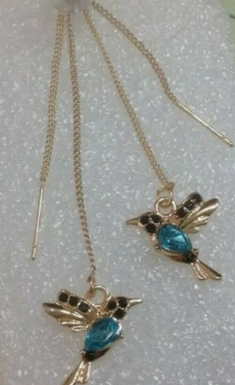 Hummingbird BIRD BLUE Earrings Threader Long Drop Tassel Crystal Dangle